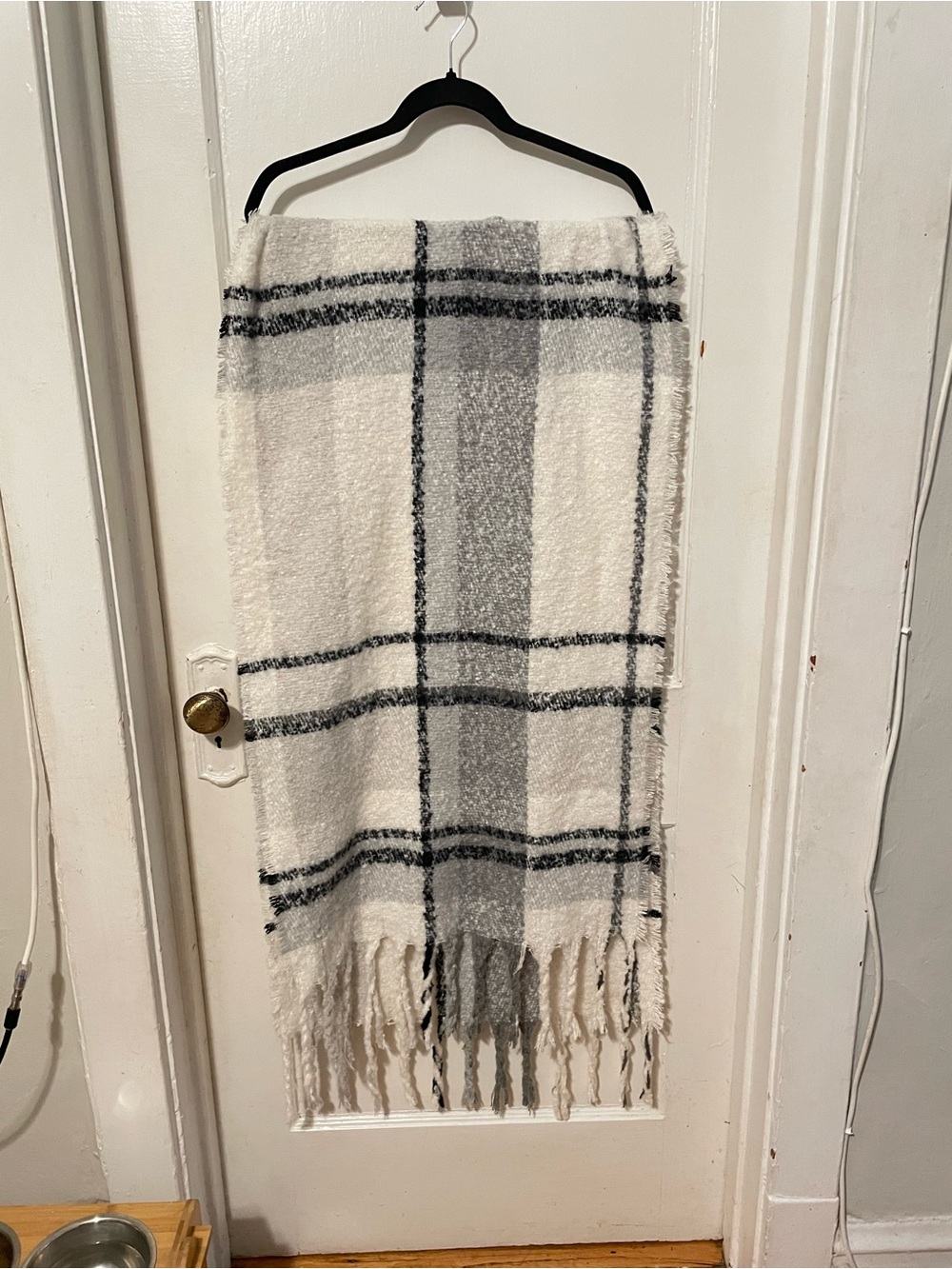 Cozy Plaid Fringe scarf/wrap- Cream & Gray